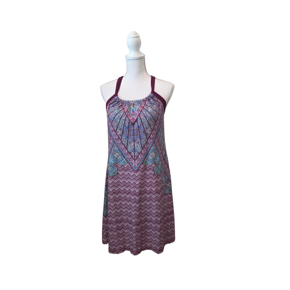 Prana Quinn Dress Halter Racerback Purple Geometric Paisley Boho Yoga Large